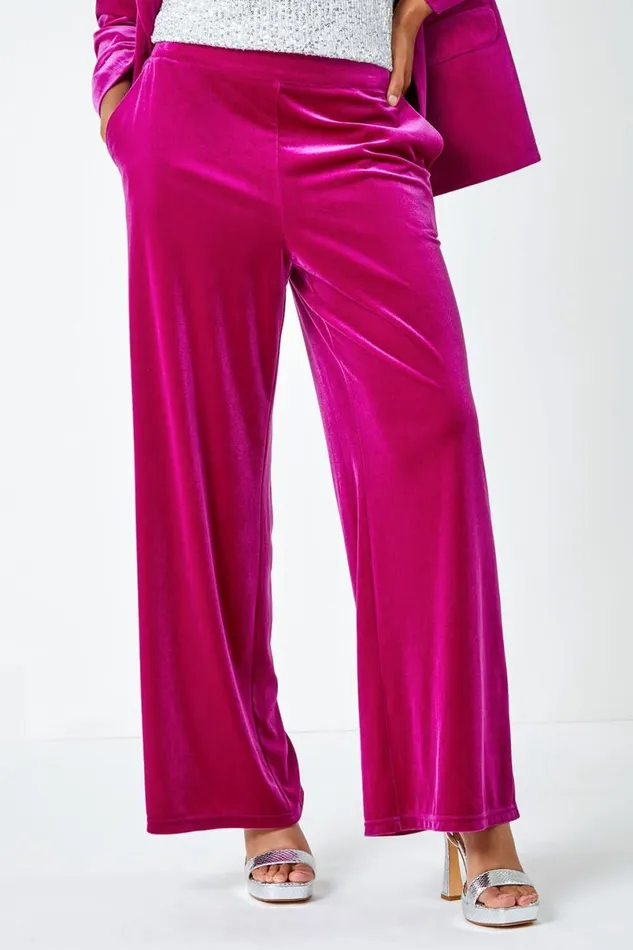Pink Velvet Elastic Waist Wide Leg Trousers Women Roman Trousers
