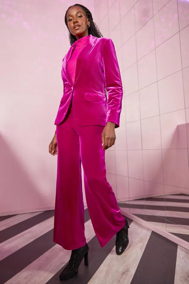 Pink Velvet Elastic Waist Wide Leg Trousers Women Roman Trousers