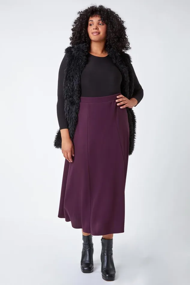 Plum Curve Elastic Waist Flared Midi A Line Skirt Women Roman Dresses