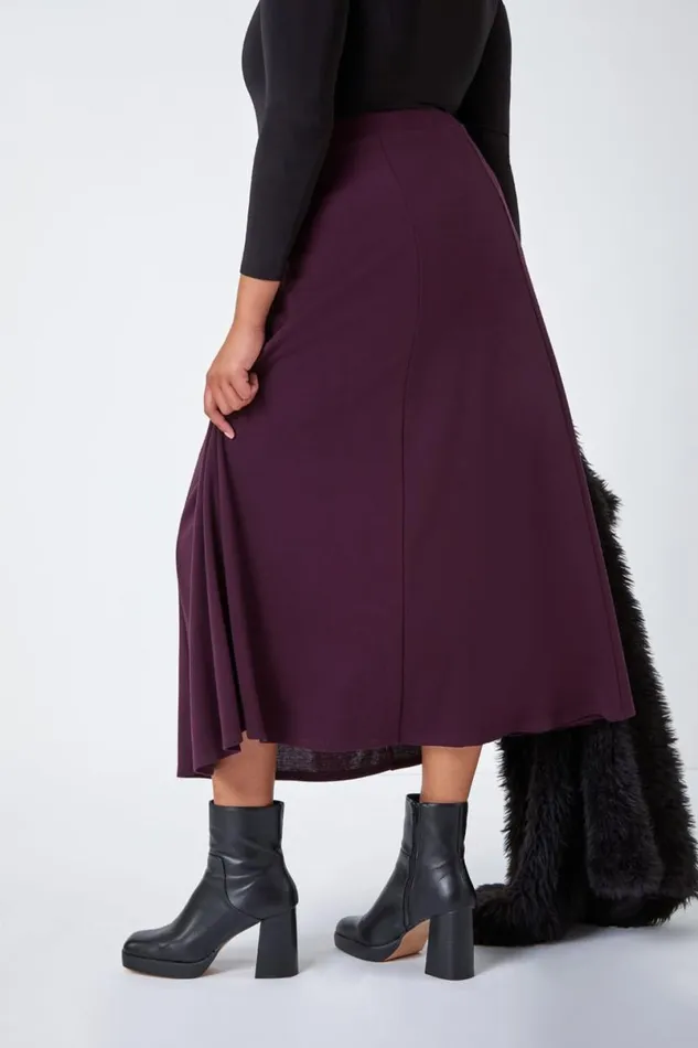 Plum Curve Elastic Waist Flared Midi A Line Skirt Women Roman Dresses