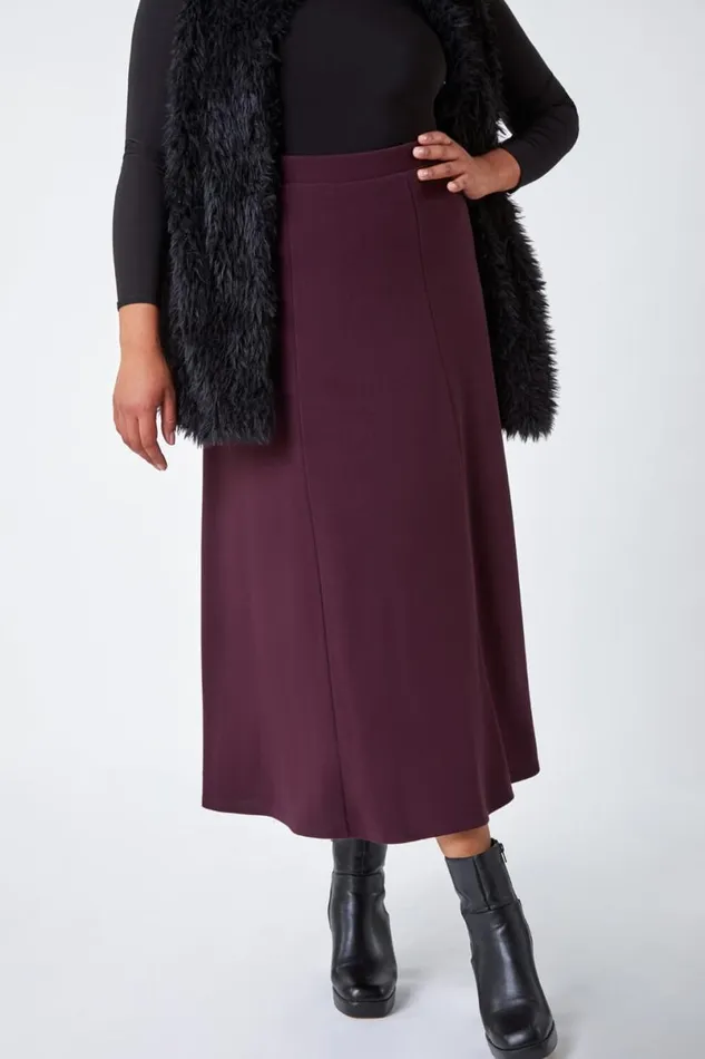 Plum Curve Elastic Waist Flared Midi A Line Skirt Women Roman Dresses