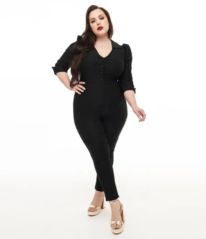 Plus Size 1950s Black Puff Sleeve Jumpsuit ClothingPlus Unique Vintage Rompers and Jumpsuits