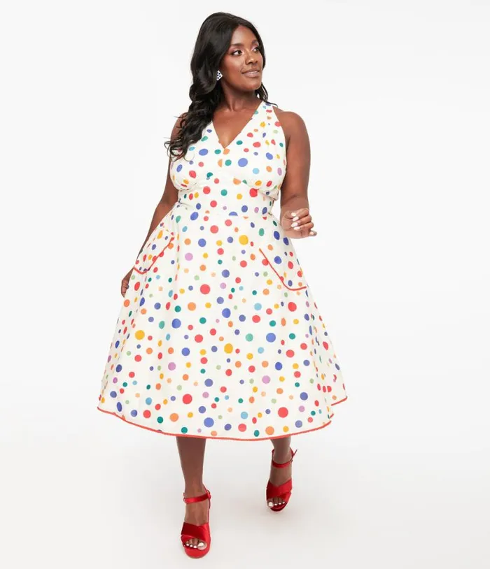 Plus Size 1950s Rainbow Polka Dot Cotton Halter Swing Dress DressesPlus Unique Vintage Pocket Dresses Plus Size 1950s Rainbow Polka Dot Cotton Halter Swing Dress DressesPlus Unique Vintage Pocket Dresses