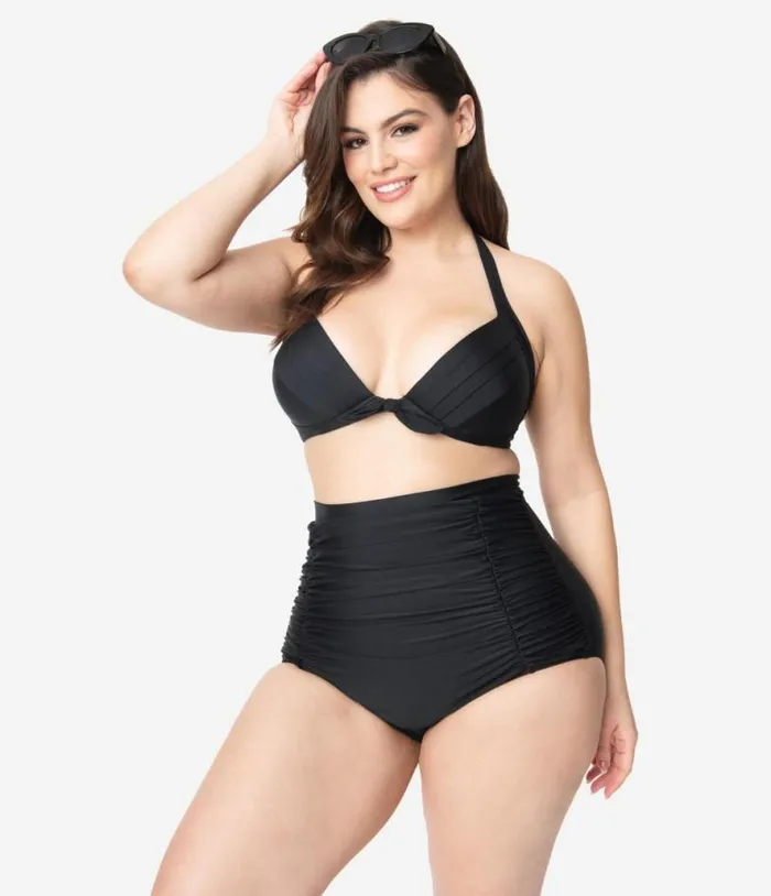 Plus Size All Black Monroe High Waist Bikini Bottom Plus Unique Vintage Two Piece Swim