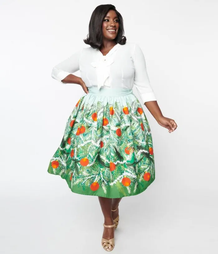 Plus Size Green Evergreen and Red Ornaments Swing Skirt ClothingPlus Unique Vintage Skirts Plus Size Green Evergreen and Red Ornaments Swing Skirt ClothingPlus Unique Vintage Skirts