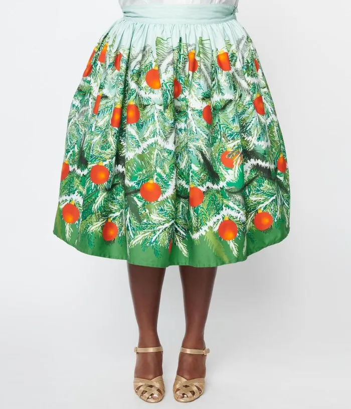 Plus Size Green Evergreen and Red Ornaments Swing Skirt ClothingPlus Unique Vintage Skirts
