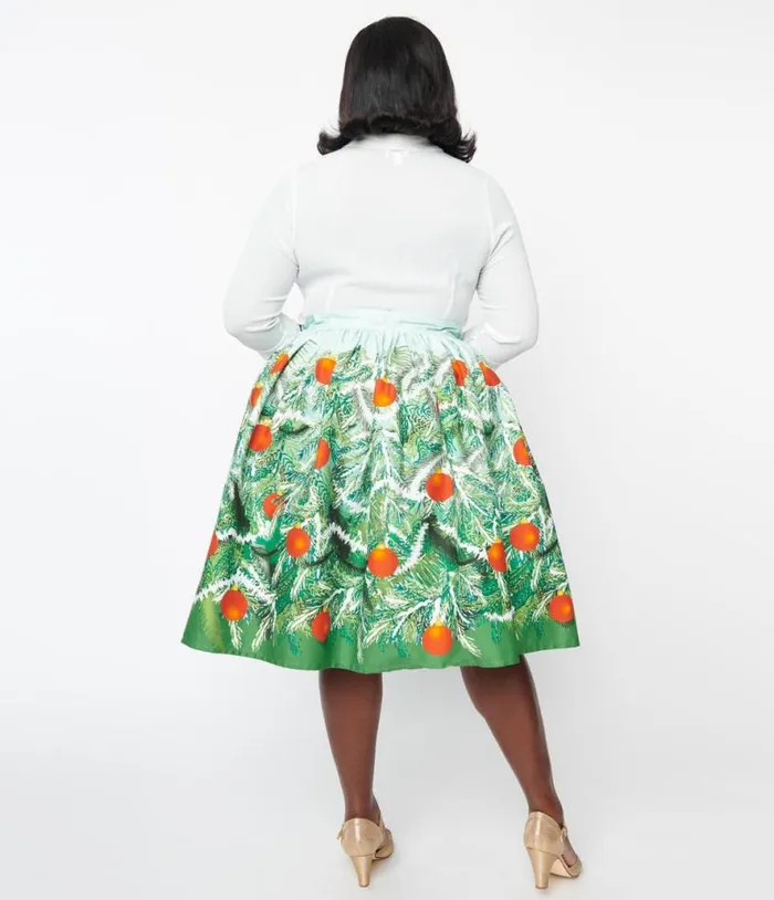 Plus Size Green Evergreen and Red Ornaments Swing Skirt ClothingPlus Unique Vintage Skirts