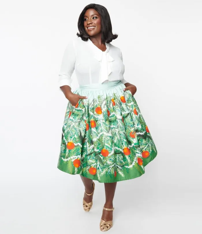 Plus Size Green Evergreen and Red Ornaments Swing Skirt ClothingPlus Unique Vintage Skirts