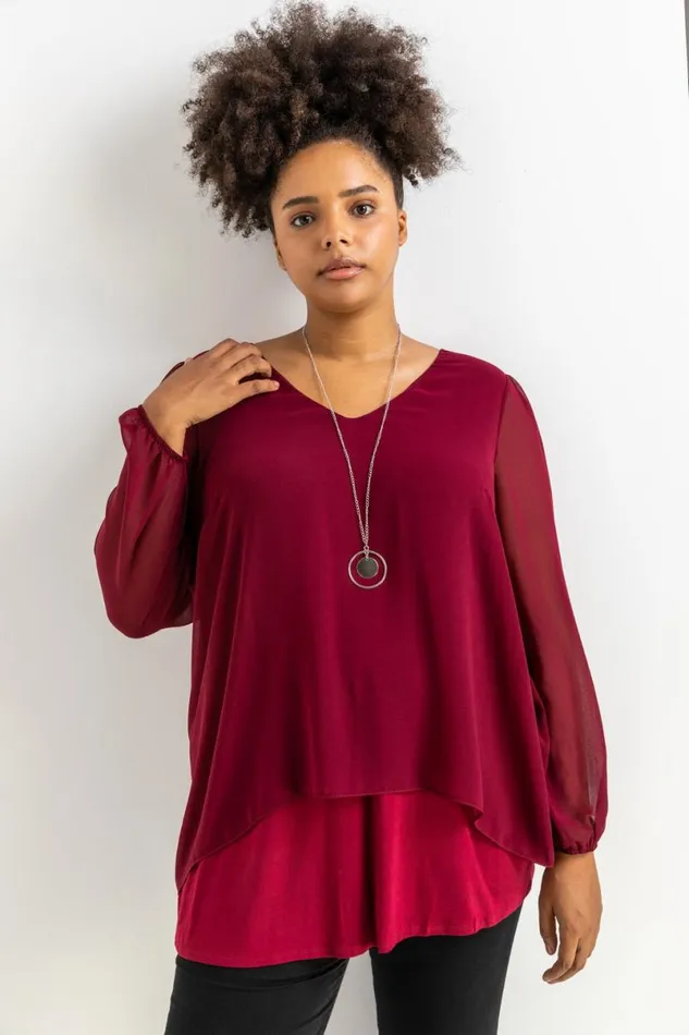 Port Curve Chiffon Top With Necklace Women Roman Tops