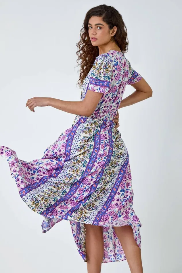 Purple Abstract Print Button Maxi Dress Women Roman Dresses