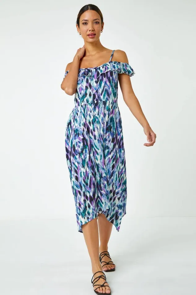 Purple Cold Shoulder Printed Midi Dress Women Roman Dresses