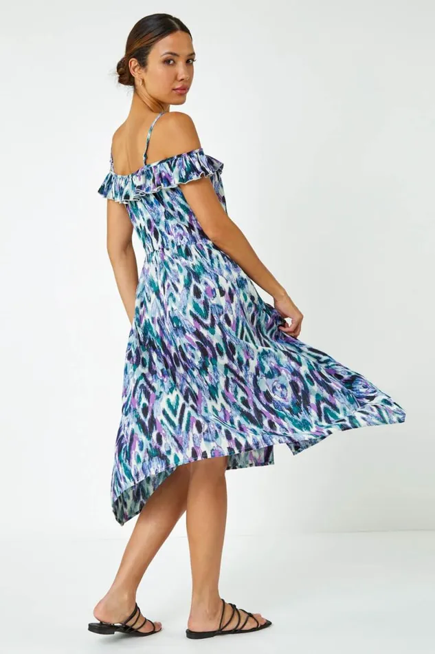 Purple Cold Shoulder Printed Midi Dress Women Roman Dresses