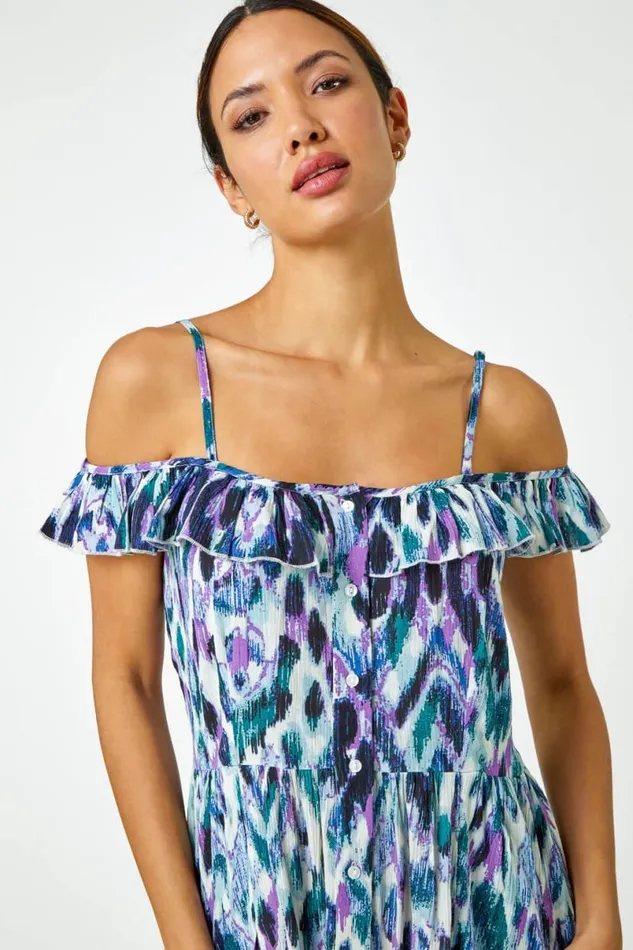 Purple Cold Shoulder Printed Midi Dress Women Roman Dresses