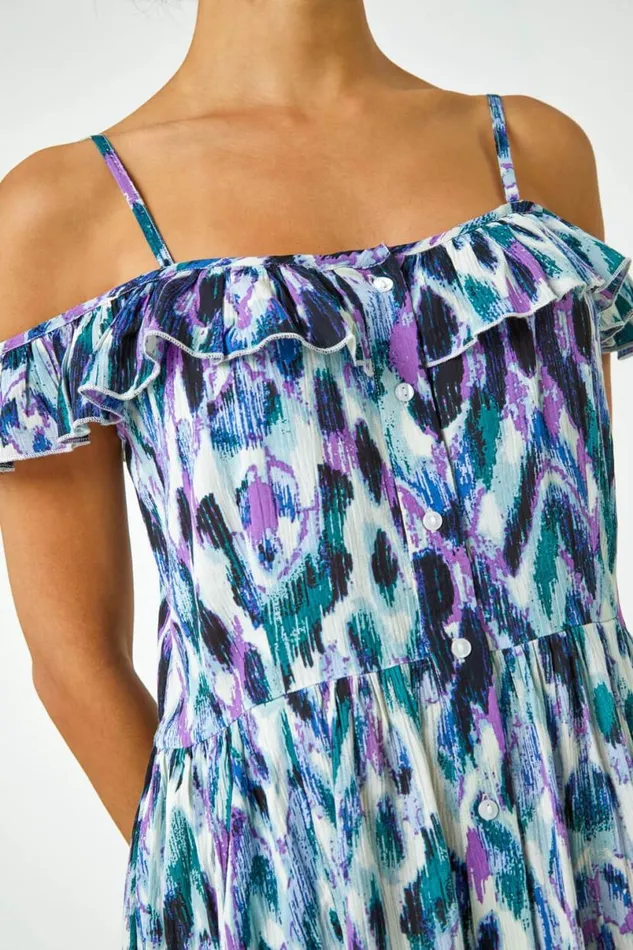 Purple Cold Shoulder Printed Midi Dress Women Roman Dresses