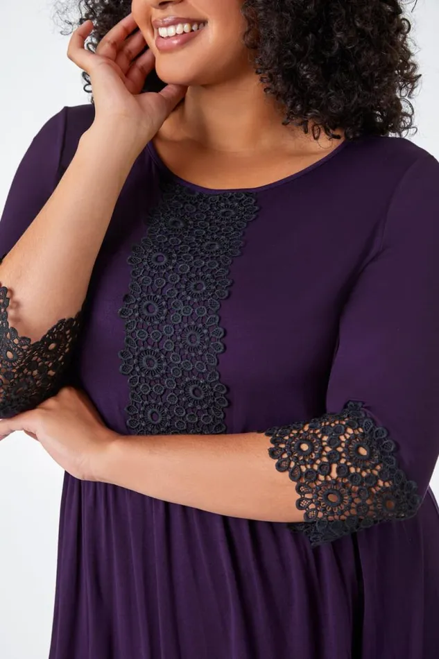 Purple Curve Lace Detail Stretch Tunic Top Women Roman Tops