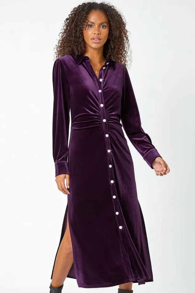 Purple Ruched Velvet Midi Stretch Dress Women Roman Dresses
