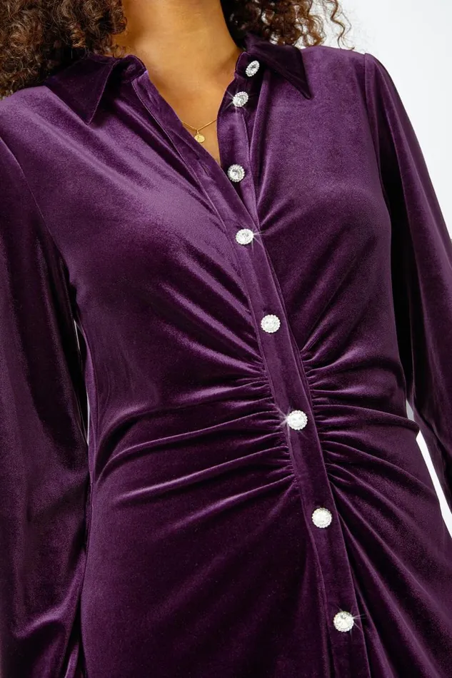 Purple Ruched Velvet Midi Stretch Dress Women Roman Dresses