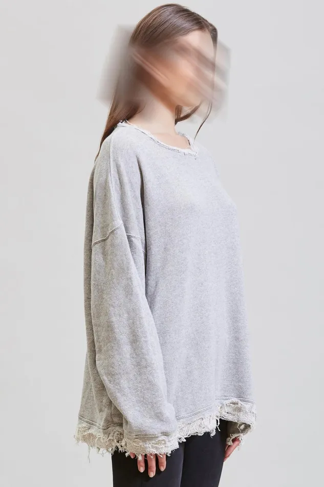 R13 Sweatshirts Women Shredded Edge Oversized Crewneck 8211 Heather Grey