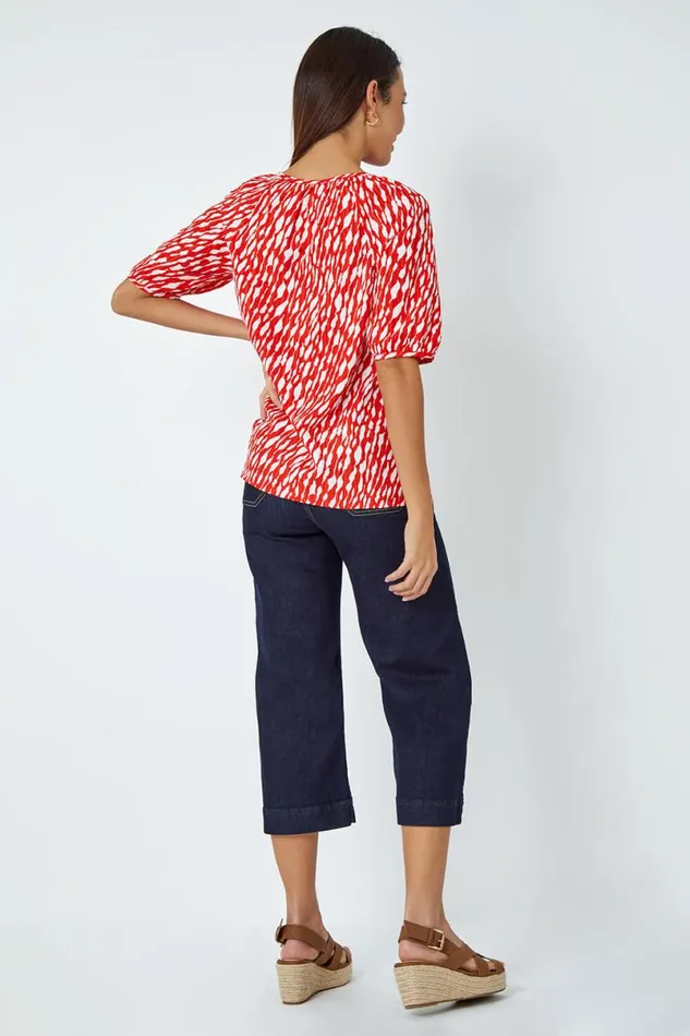 Red Abstract Print Tie Front VNeck Stretch Top Women Roman Tops