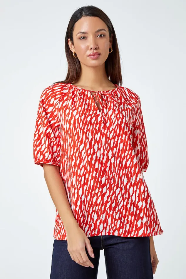 Red Abstract Print Tie Front VNeck Stretch Top Women Roman Tops