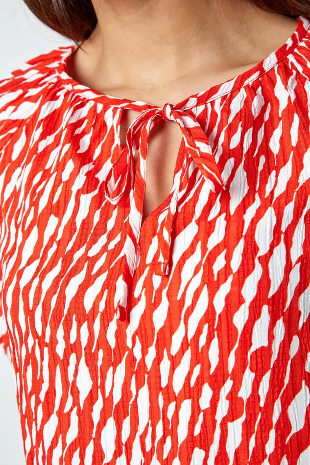 Red Abstract Print Tie Front VNeck Stretch Top Women Roman Tops