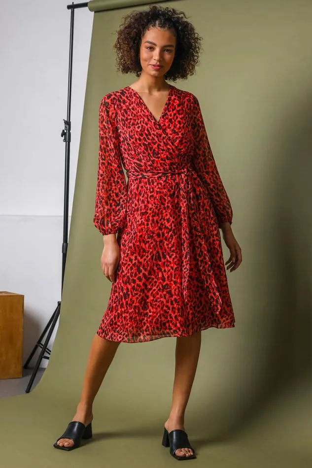 Red Animal Print Belted Chiffon Wrap Dress Women Roman Dresses