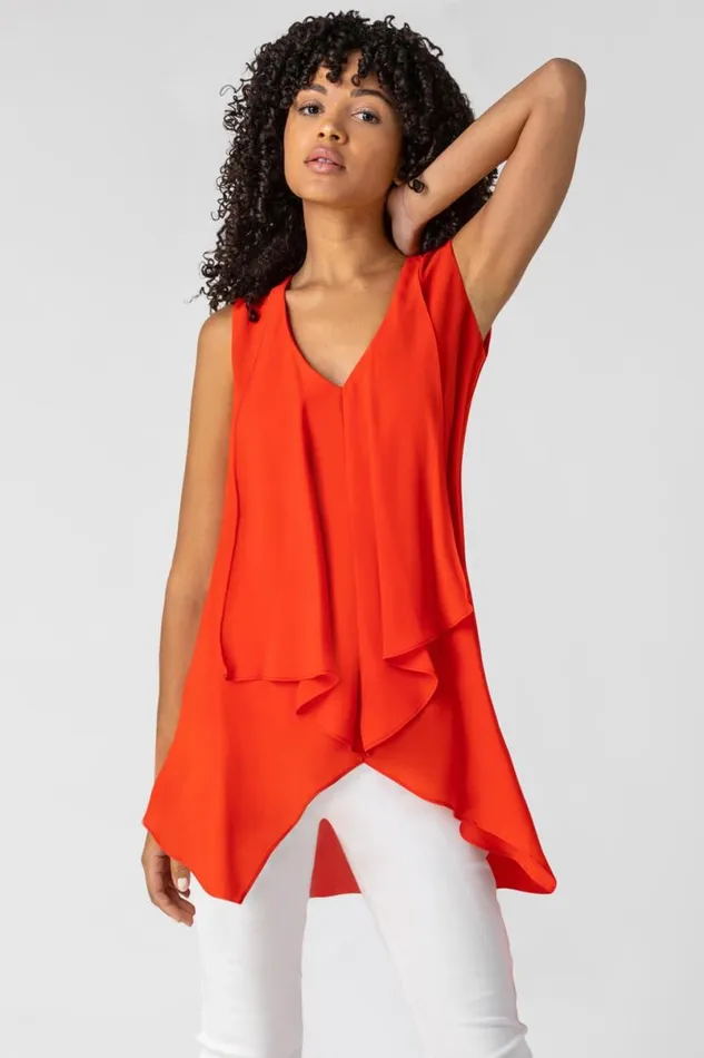 Red Asymmetric Hanky Hem Chiffon Tunic Top Women Roman Tops