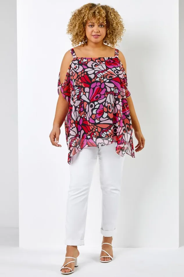 Red Curve Abstract Butterfly Cold Shoulder Top Women Roman Tops