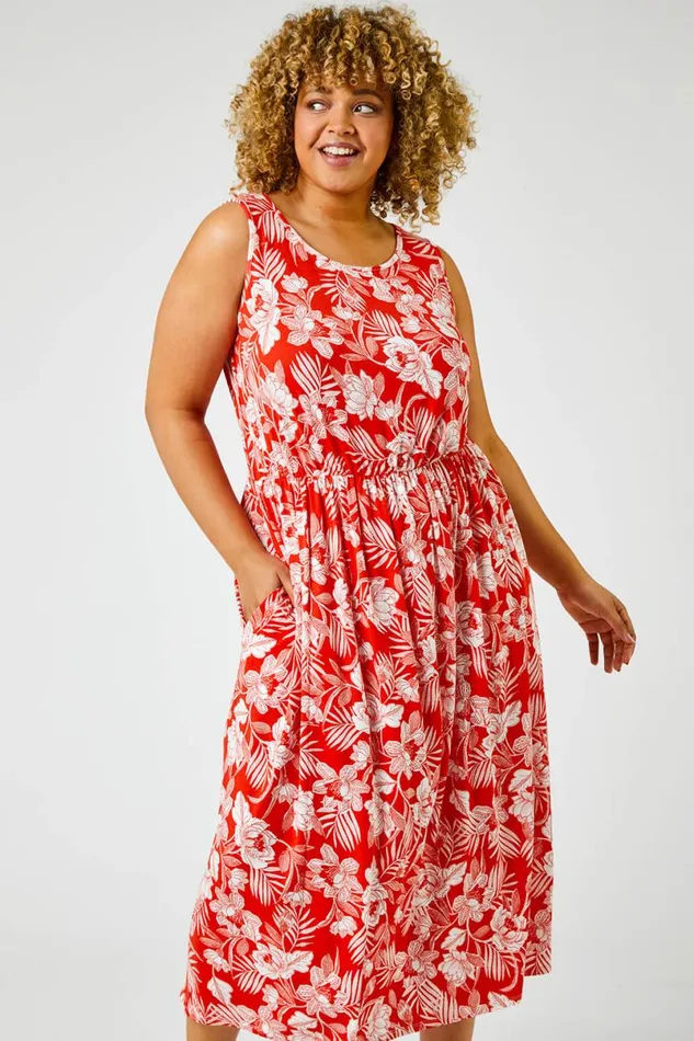 Red Curve Tropical Floral Print Maxi Dress Women Roman Dresses