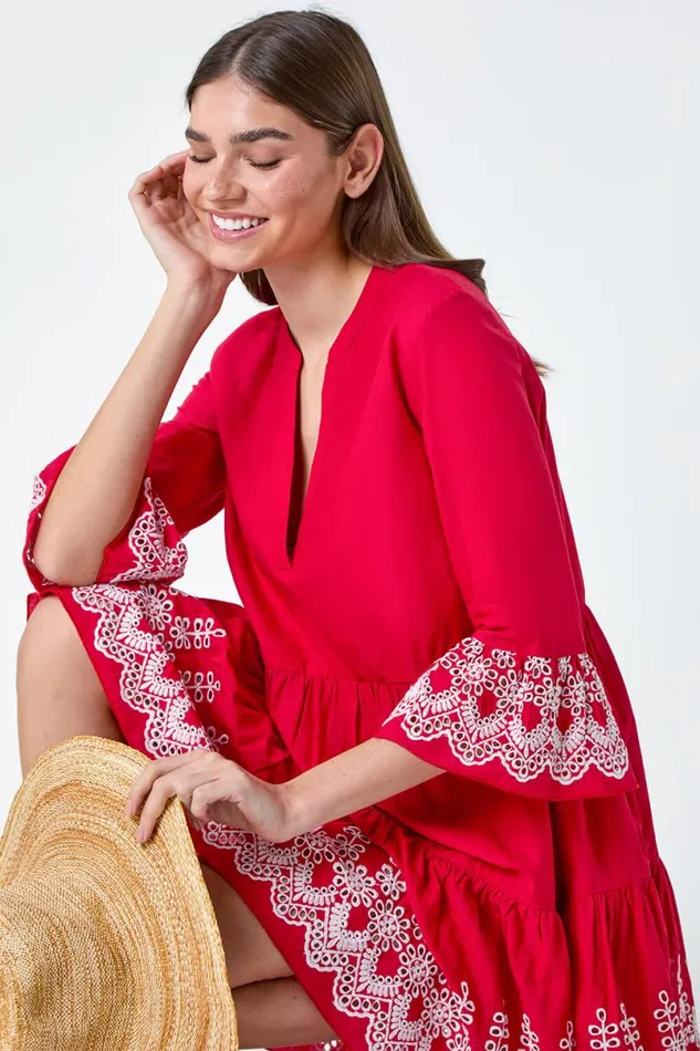 Red Embroidered Cotton Smock Dress Women Roman Dresses