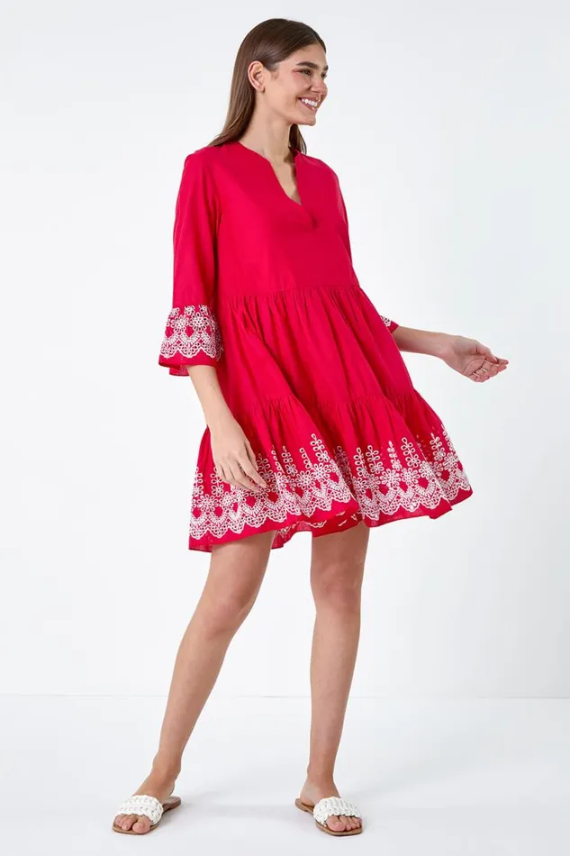 Red Embroidered Cotton Smock Dress Women Roman Dresses
