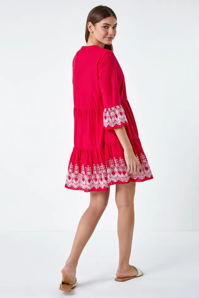 Red Embroidered Cotton Smock Dress Women Roman Dresses