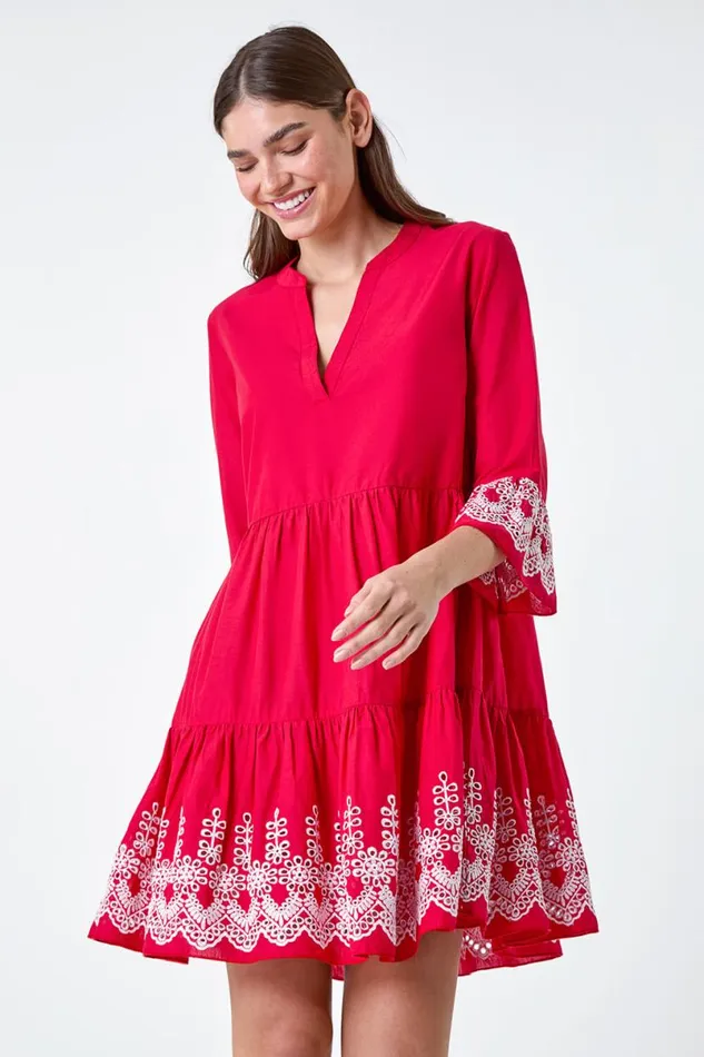 Red Embroidered Cotton Smock Dress Women Roman Dresses