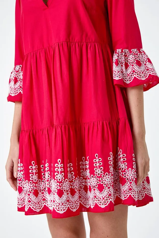 Red Embroidered Cotton Smock Dress Women Roman Dresses