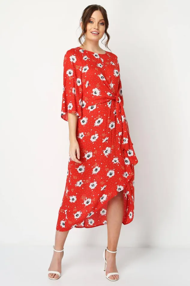 Red Floral Knot Waist Maxi Dress Women Roman Dresses