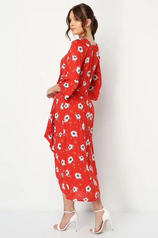 Red Floral Knot Waist Maxi Dress Women Roman Dresses