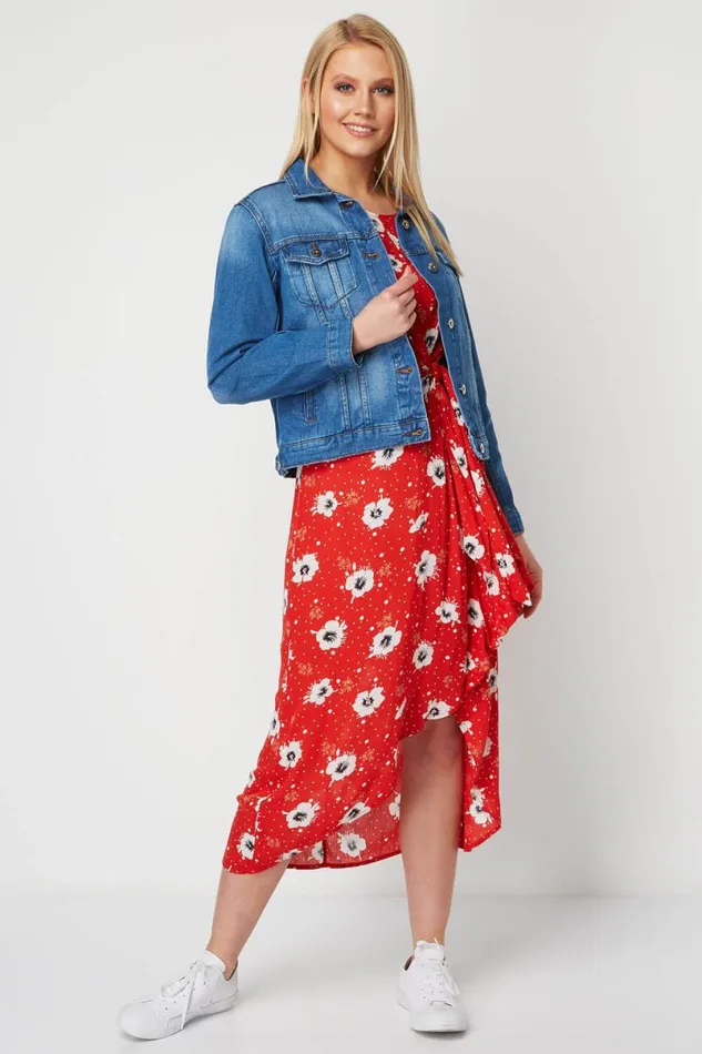 Red Floral Knot Waist Maxi Dress Women Roman Dresses