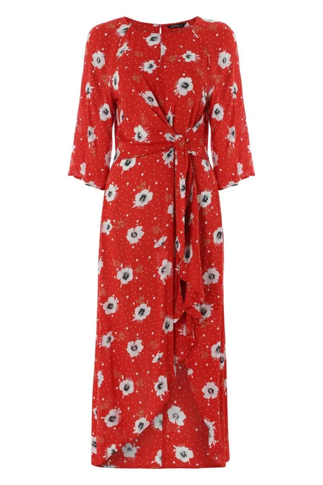 Red Floral Knot Waist Maxi Dress Women Roman Dresses