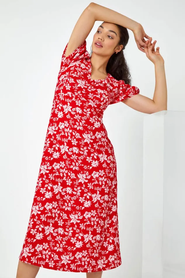 Red Floral Print Lace Back Midi Dress Women Roman Dresses