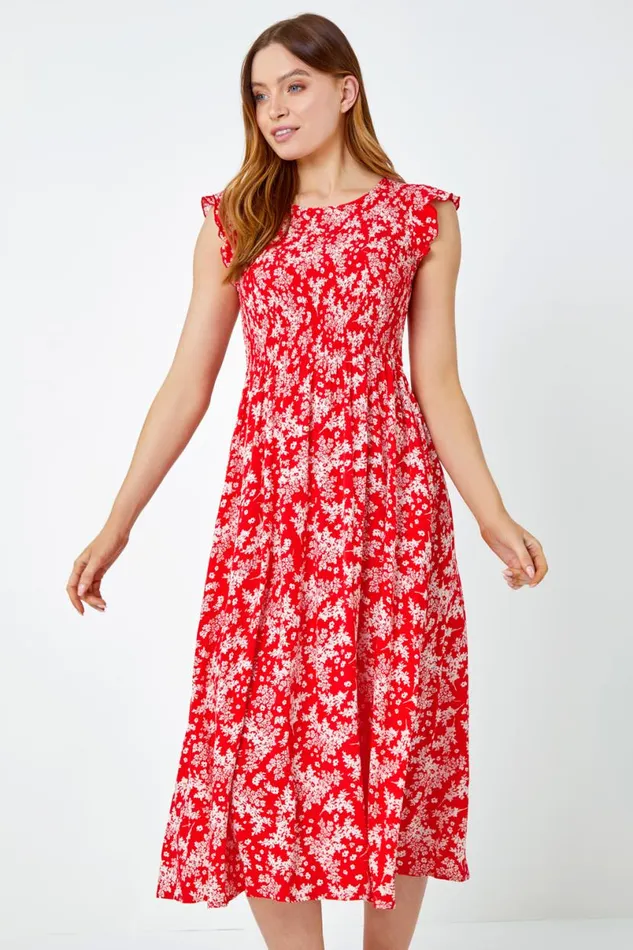 Red Floral Print Shirred Midi Dress Women Roman Dresses