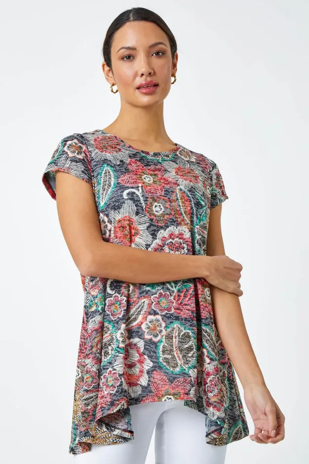 Red Floral Stretch Hanky Hem Tunic Top Women Roman Tops