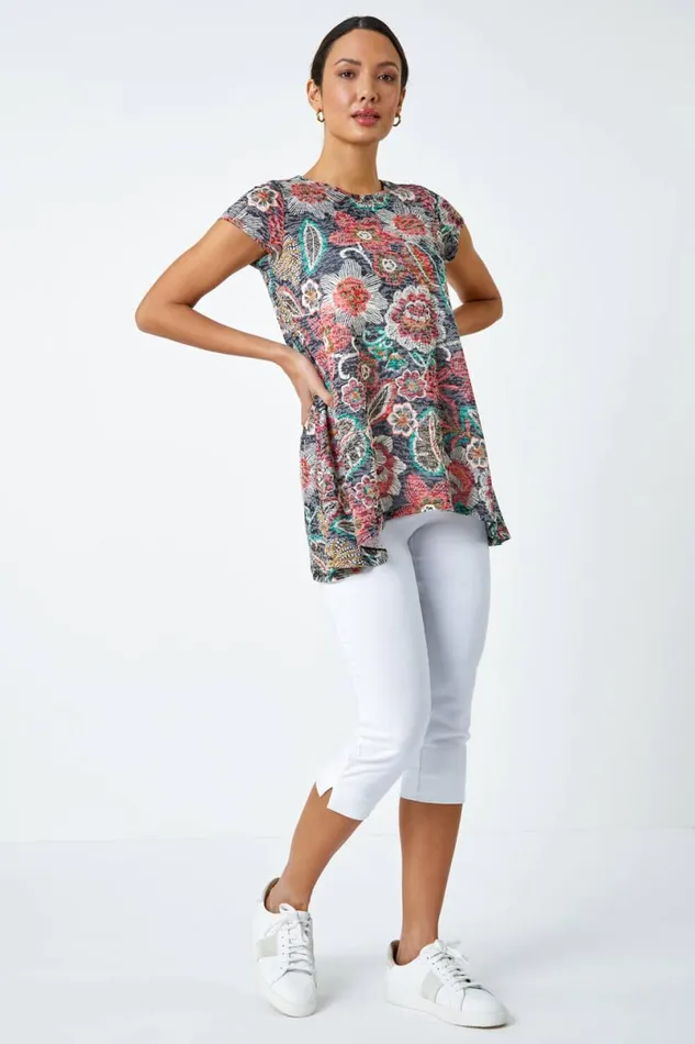 Red Floral Stretch Hanky Hem Tunic Top Women Roman Tops