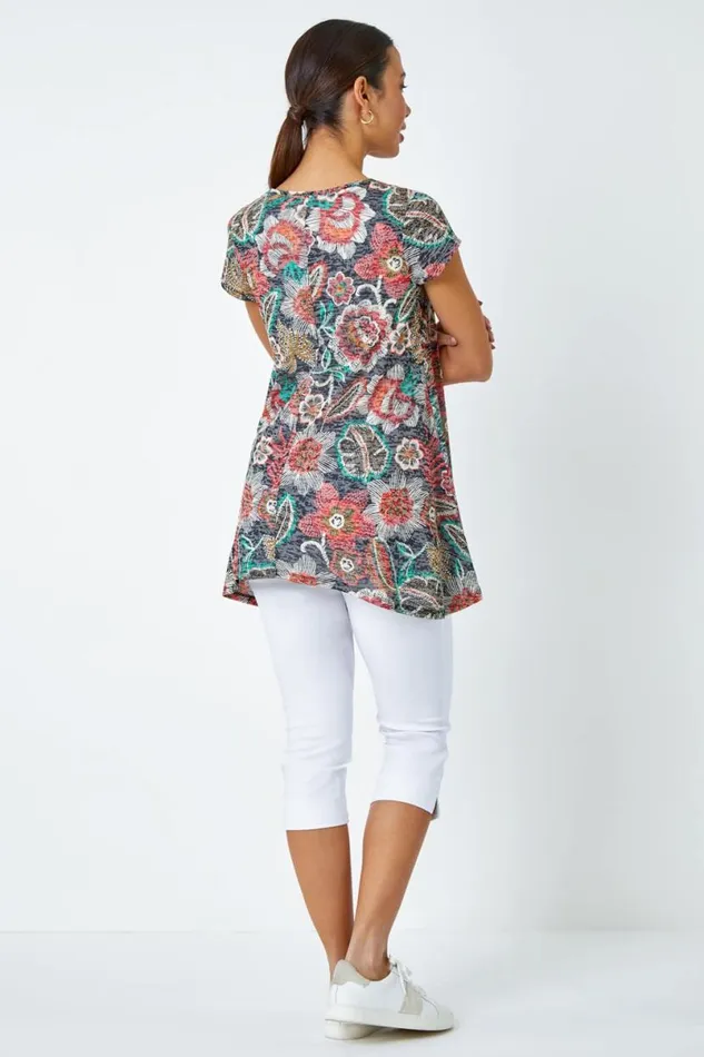 Red Floral Stretch Hanky Hem Tunic Top Women Roman Tops
