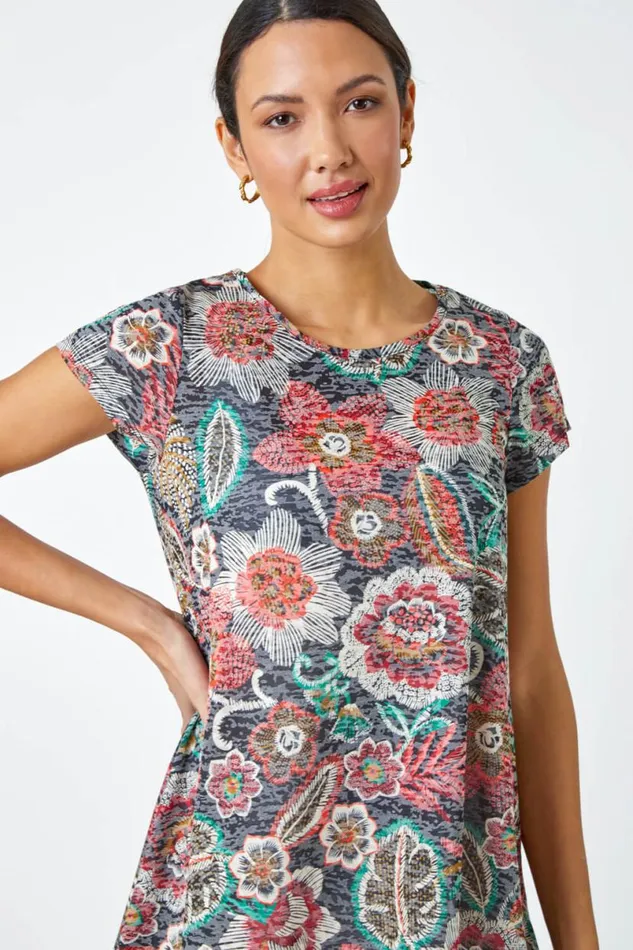 Red Floral Stretch Hanky Hem Tunic Top Women Roman Tops