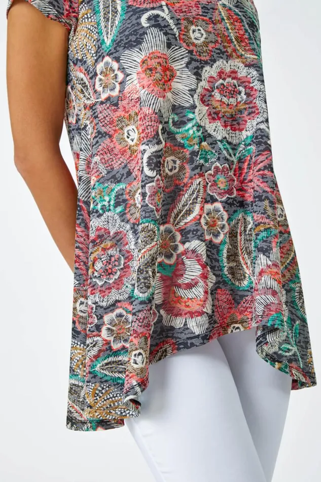 Red Floral Stretch Hanky Hem Tunic Top Women Roman Tops