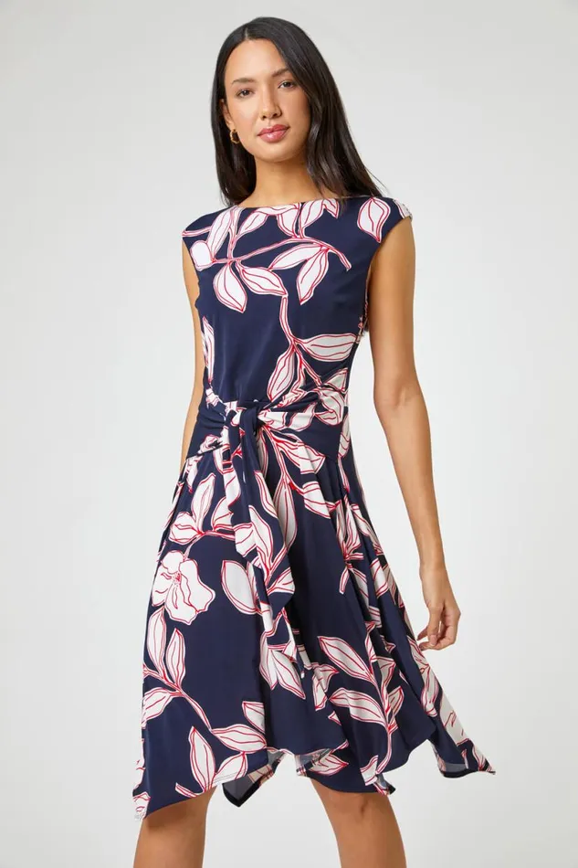 Red Floral Tie Waist Hanky Hem Dress Women Roman Dresses