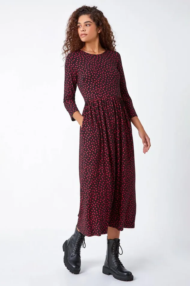 Red Heart Print Stretch Midi Dress Women Roman Dresses