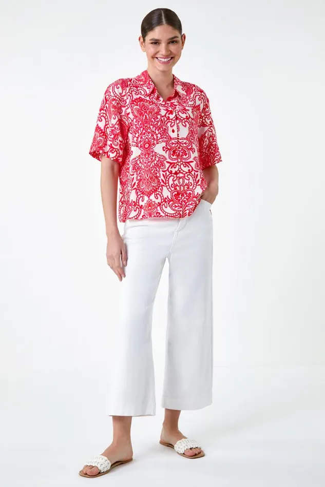 Red Paisley Print Button Shirt Women Roman Tops