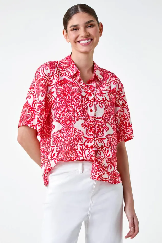 Red Paisley Print Button Shirt Women Roman Tops