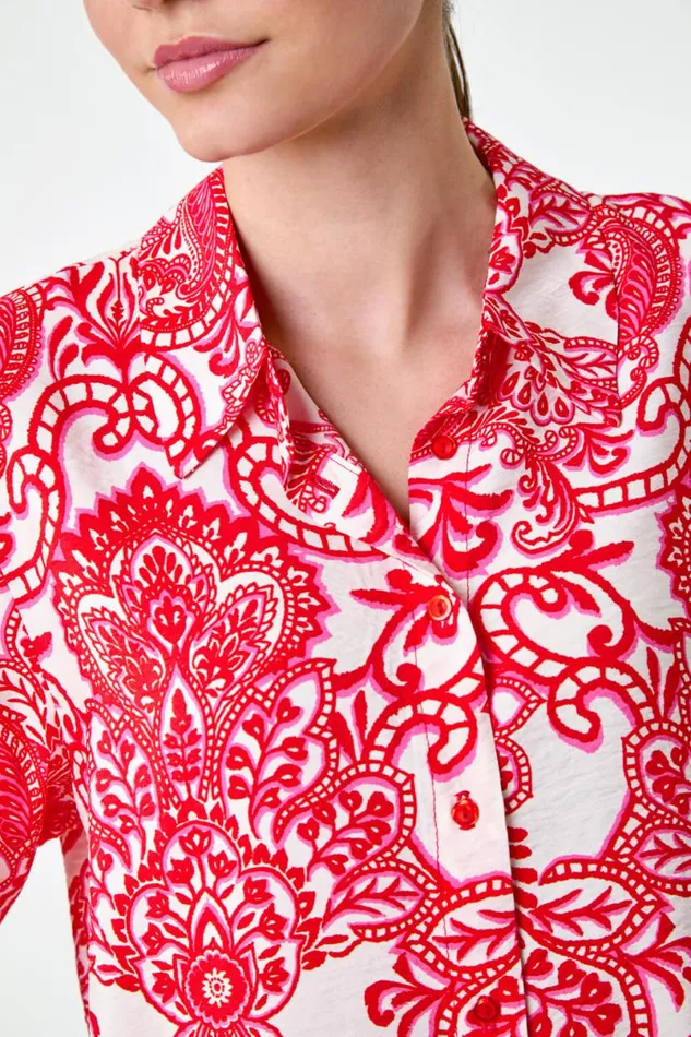 Red Paisley Print Button Shirt Women Roman Tops